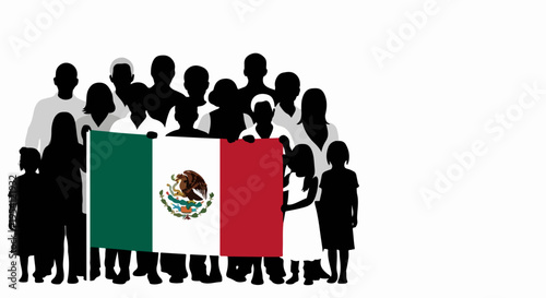 Silhouettes display Mexican people flag, showing national emblem, vibrant colors. Diverse group of Mexican people flag, adults and children, stands in solidarity, symbolizing cultural unity.