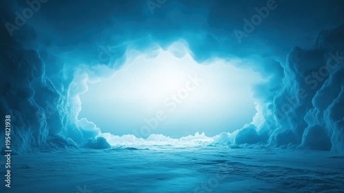 Mysterious blue cavern with soft light illuminating the entrance and icy surfaces capturing the beauty of a hidden world