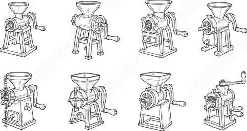 A collection of vintage-style coffee grinders on transparent background