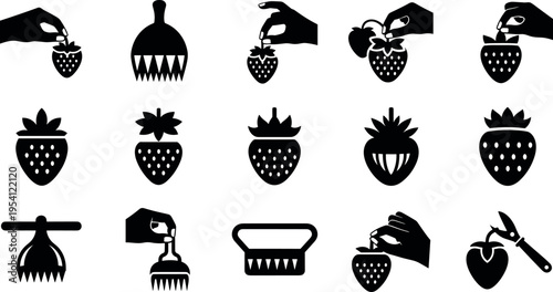A collection of black strawberry icons on transparent background