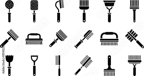 A collection of various black brushes and combs on transparent background