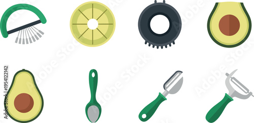 An illustration of various avocado tools on transparent background