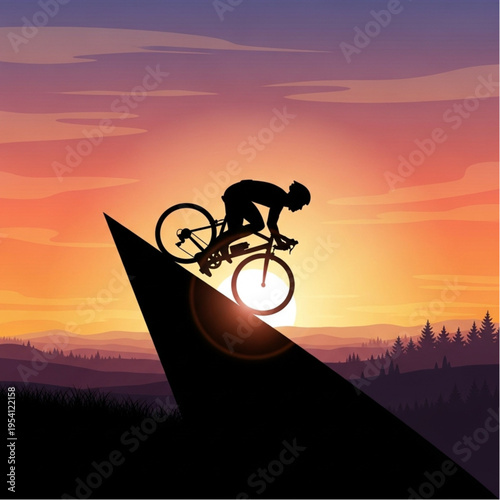 Cyclist Riding Mountain Bike Downhill Slope.