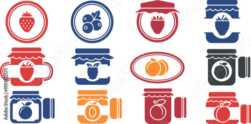 A collection of colorful jam jar icons on transparent background