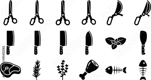 A collection of kitchen utensils and food icons on transparent background