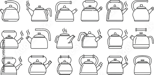 A collection of various kettle line icons on transparent background