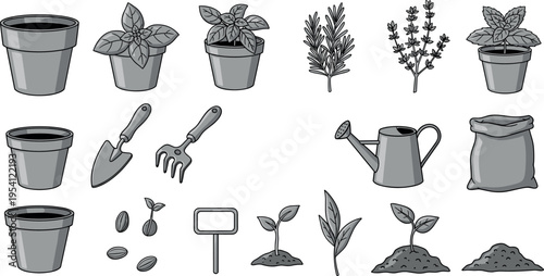 A collection of gardening tools and plants on transparent background