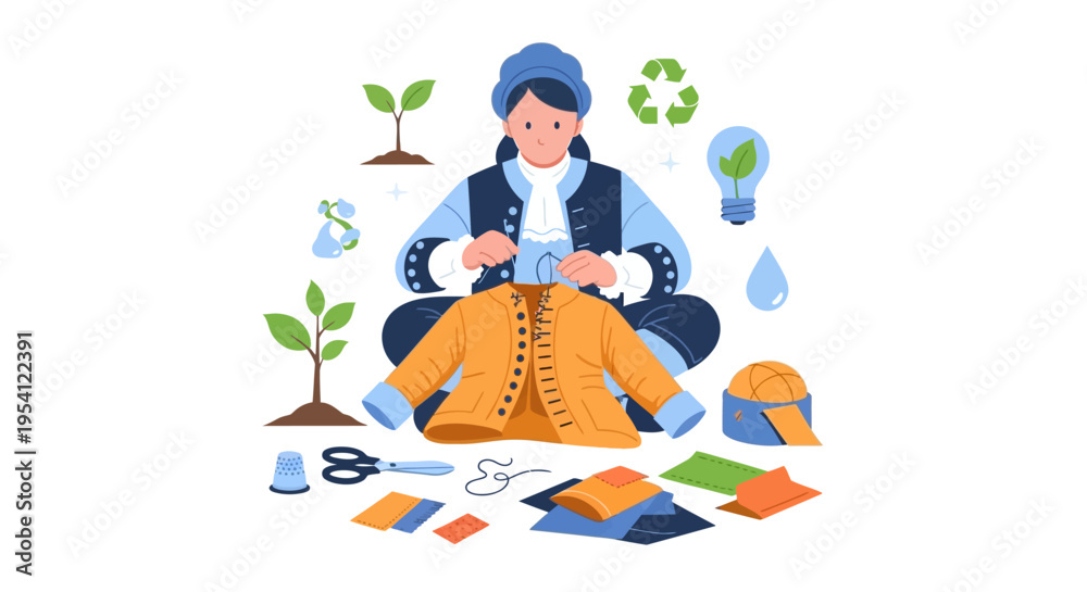 Obraz premium Sustainable Fashion & Upcycling: Craftsperson Sewing Eco-Friendly Clothing with Recycling & Nature Elements