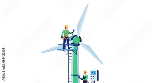 Wind Turbine Maintenance Team Working on Renewable Energy Production. Engineers Repairing Green Power Generation System. Sustainable Technology.