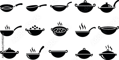 A collection of black cooking pot icons on transparent background