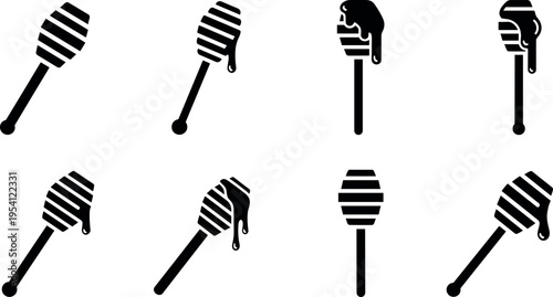 A set of eight black honey dipper icons on transparent background