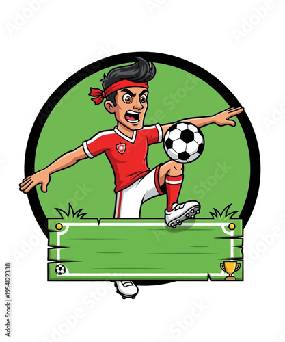 Energetic cartoon soccer player skillfully juggling a black and white ball in vibrant uniform