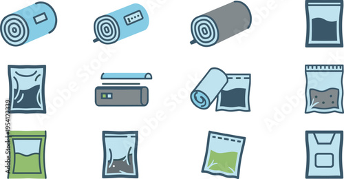 A collection of various vacuum sealed bags and rolls on transparent background