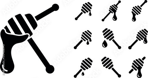 A set of black honey dipper icons on transparent background