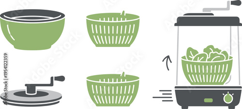 An infographic illustration showing how to assemble a food processor on transparent background