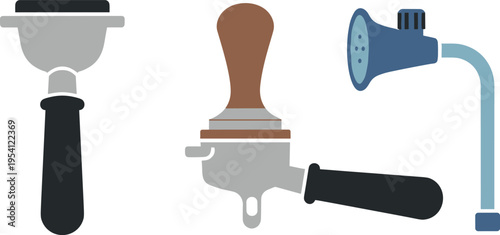 Three espresso machine accessories sitting on a transparent background