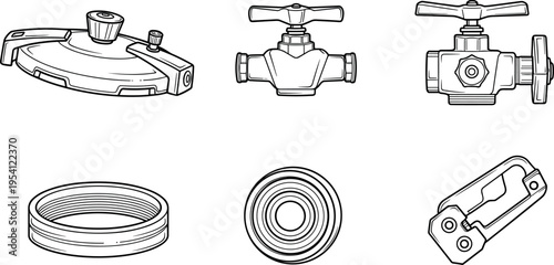 A set of industrial valve and pipe components on transparent background