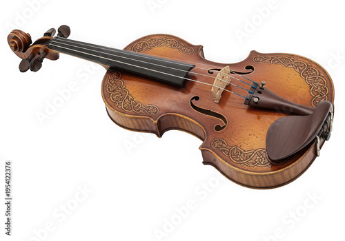 A finely crafted wooden violin resting on a reflective surface