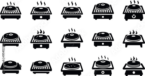 A collection of black and white electric stove icons on transparent background