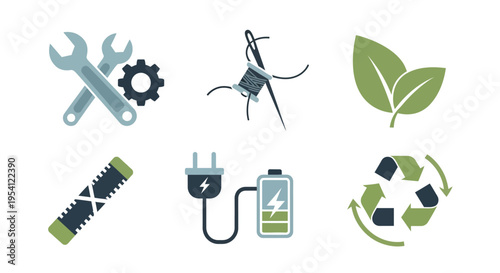Diverse Icons for Repair, DIY, Nature, Green Energy, and Recycling Concepts
