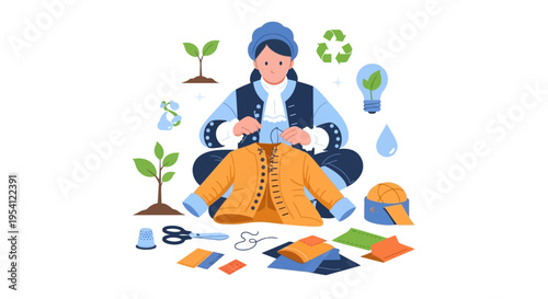 Sustainable Fashion & Upcycling: Craftsperson Sewing Eco-Friendly Clothing with Recycling & Nature Elements