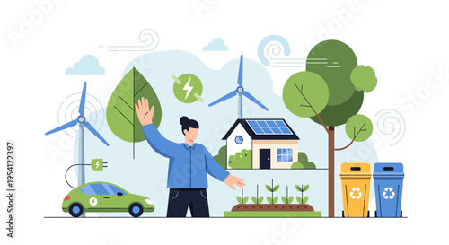 Sustainable Living & Green Energy Concept: Solar, Wind, EV, Recycling & Eco-Home