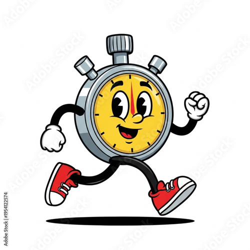 Cartoon Stopwatch Character Running with Joy.