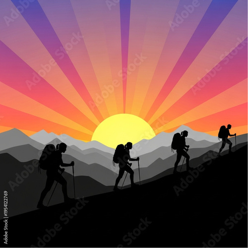 Hikers Walking on Mountain Trail at Sunset.