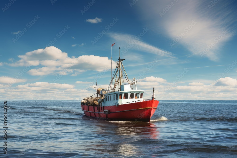 Obraz premium Red fishing boat travelling on ocean waves under a vibrant blue sky with white clouds