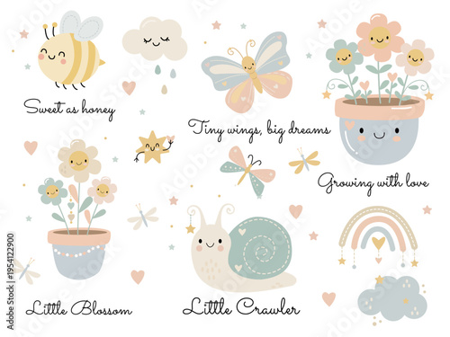 A cute spring set featuring flowers, butterflies, a bee, and a snail, with simple, child-friendly designs