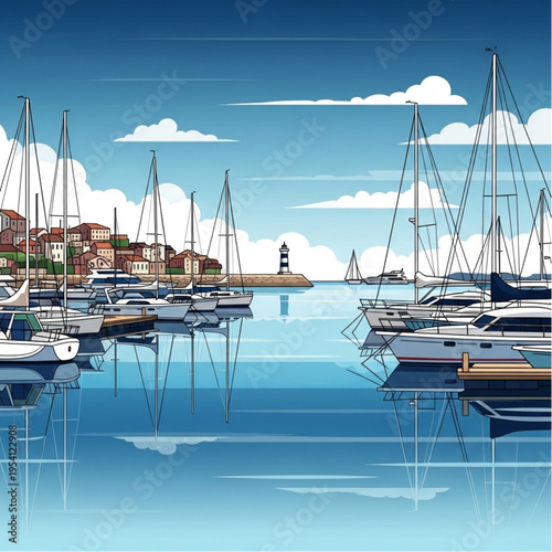 Boats Docked in Serene Harbor Scene.