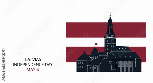 Latvias Independence Day graphic showing Riga Cathedral silhouette against country flag backdrop. This Latvias Independence Day design symbolizes national identity, freedom, and cultural legacy.