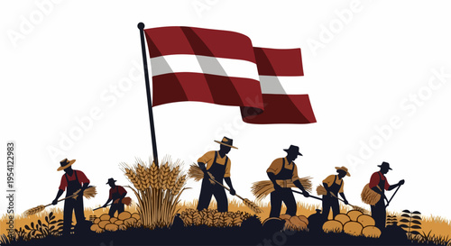 Workers harvesting crops, gathering wheat, vegetables in field under national flag. Illustration depicts traditional labor harvesting crops using hand tools. Concept promoting rural heritage,