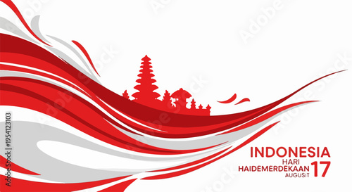 Indonesia Independence Day background, flowing red white flag, temple silhouettes. Indonesia Independence Day design displays dynamic national colors, iconic architecture.