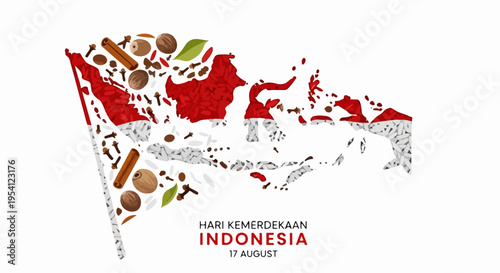Indonesia Independence Day design featuring map of Indonesia and flag shape created with various aromatic spices.