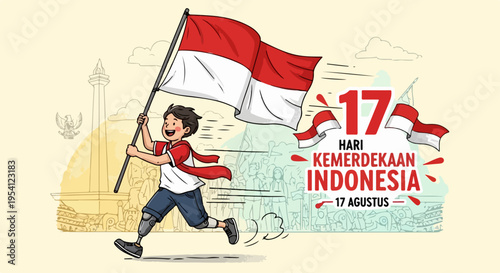 Joyful boy celebrating Indonesian Independence Day, running with flag and radiating national pride. Illustration depicts festive spirit for Indonesian Independence Day, featuring historic monument.