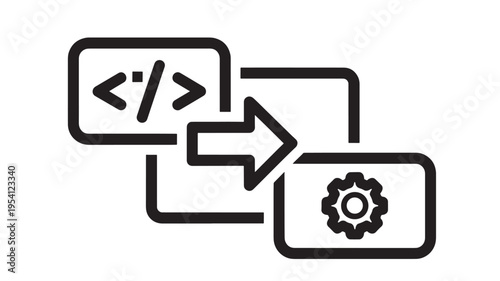 Code snippet with gear icon and arrow pointing to settings. featuring coding, programming, configuration with development and software elements for