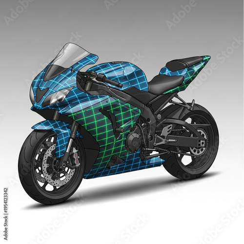 Blue and Green Motorcycle with Pixelated Design.