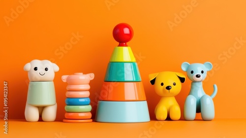 Colorful stacking toys and playful animals arranged on a bright orange background ideal for a children's playroom or educational setting