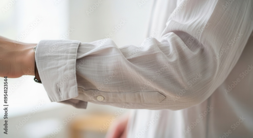Fototapeta premium Close Up Detail of Wrinkled Light Gray Linen Shirt Sleeve