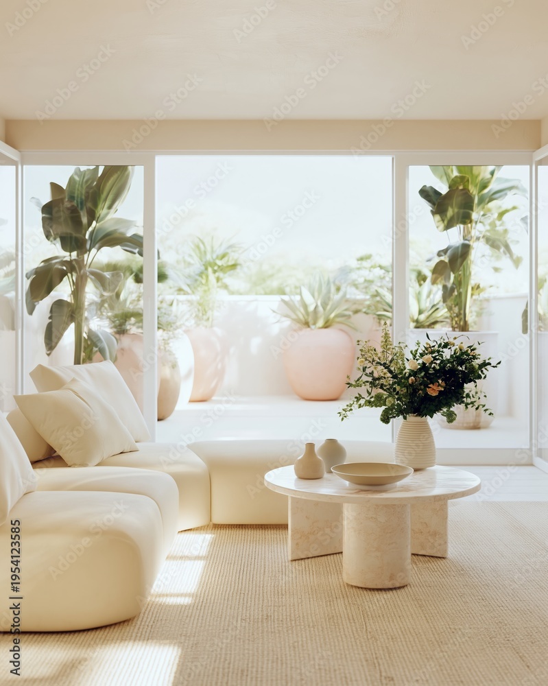 Fototapeta premium Stylish neutral living room featuring a cream sofa, marble coffee table, and large windows with potted plants creating a serene indoor atmosphere