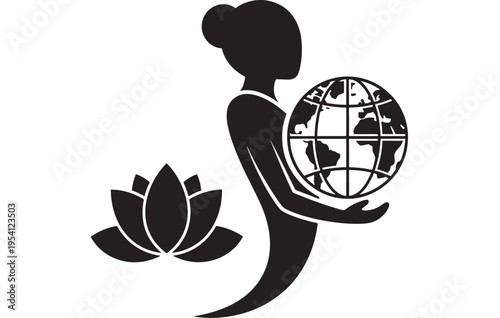 Woman silhouette holding globe with lotus flower nearby in black featuring yoga, meditation, peace with harmony and earth elements for world, nature