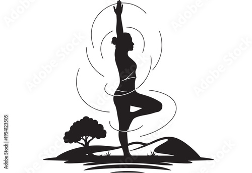 Woman yoga silhouette practicing balance in natural landscape with trees and hills featuring tree, hill, meditation with wellness and fitness