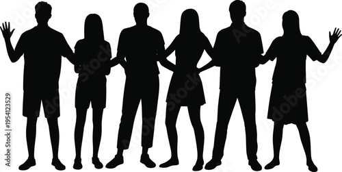 Black silhouettes of diverse men and women in casual summer clothing and everyday outfits standing in a row isolated on a clean white background.