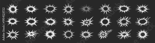 Explosion burst starburst set, comic sunburst shapes, radial line blast effects, dynamic cartoon energy symbols, outline vector elements isolated on black background