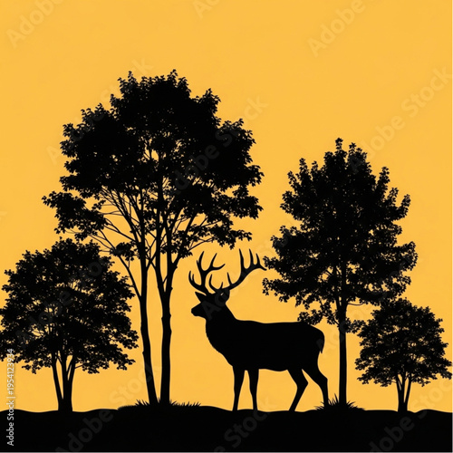 Deer with Antlers Standing Silhouette Illustration.
