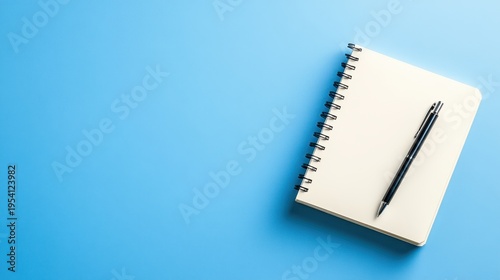 Blank spiral notebook and pen on blue background ready for notes or creative writing tasks in an organized workspace