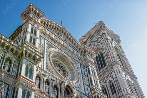 Historic facade of the cathedral complex with Duomo Campanile and Baptistery in Florence Italy