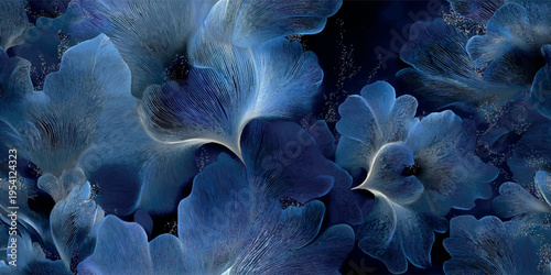 Abstract dark blue floral seamless pattern with elegant line art for luxury textiles and branding packaging.