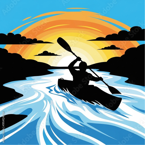 Canoeist Paddling Downstream at Sunset Silhouette.